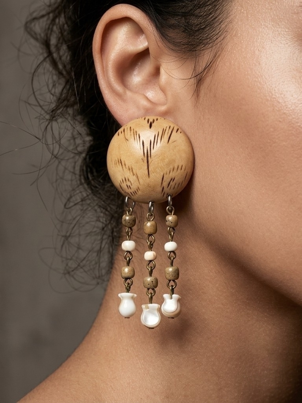 Handmade Vintage 70s Wooden Folk Art Dangle Post Earrings